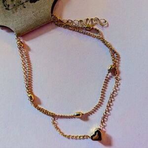 Gold Tone Metal Heart Charm Double Strand Bracelet Valentine's Delicate Feminine